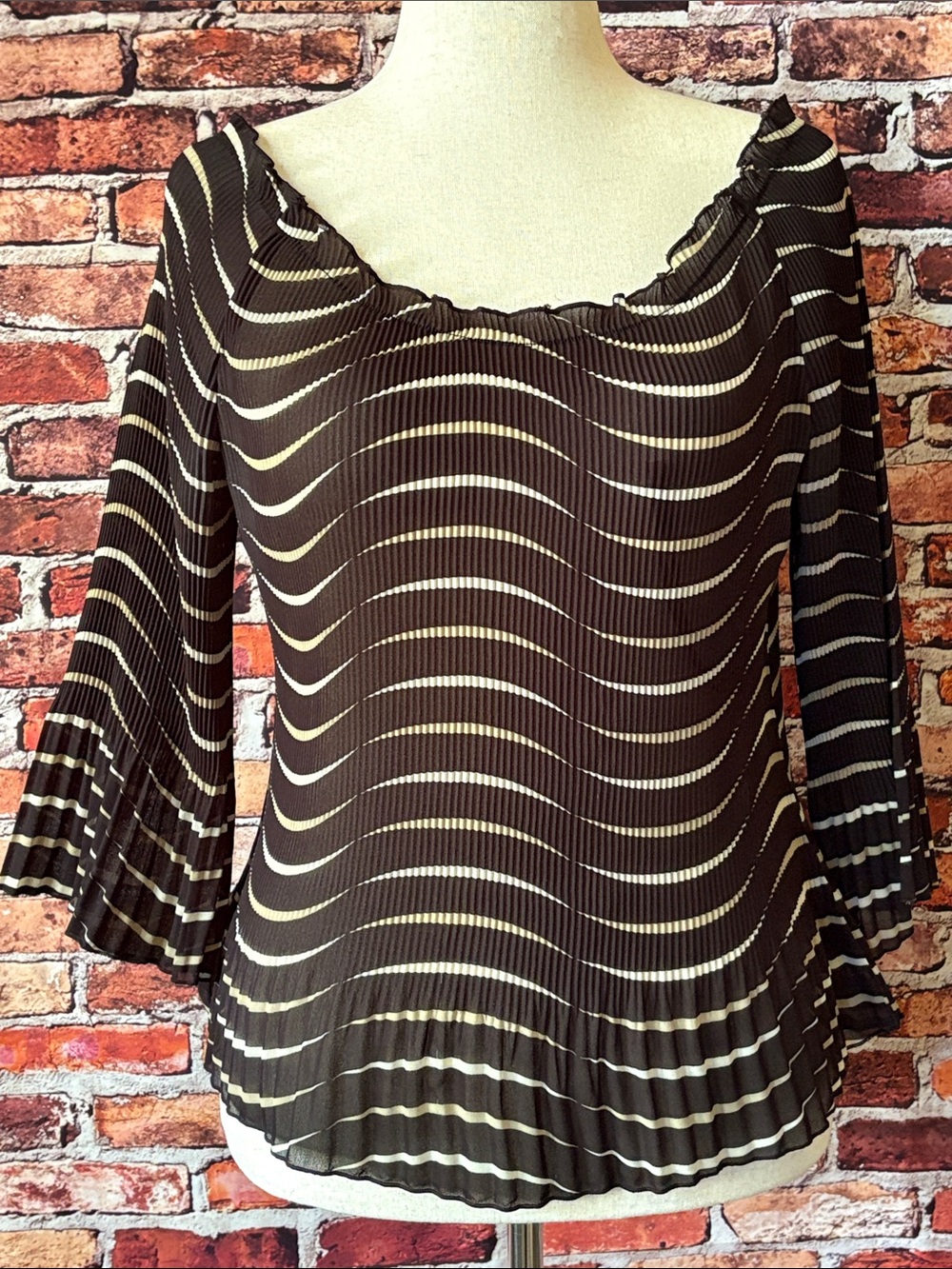 Jaipur Vintage Black & Cream Wave-Stripe Pleat Structured Blouse Size Large